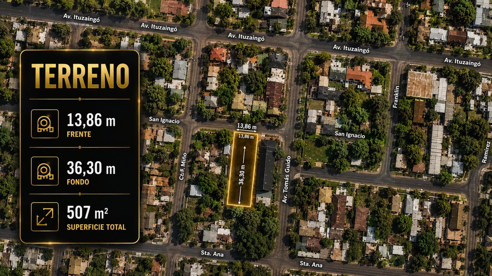 TF842 - AMPLIO TERRENO EN VENTA - 13,86m x 36,30m (507m2) - AV. TOMAS GUIDO Y SAN IGNACIO
